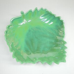 Lettuce Shaped Glass Bowl Green Iridescent Cabbage Leaf Vintage Dish